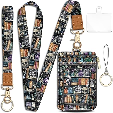 Goth Bookshelf Skull Lanyard Wallet with ID Badge Holder, Witchy Small RFID Wallet Women Keychain Wristlet, Slim Credit Card Holder with Zipper Pocket Phone Lanyard Wrist Strap Name Tag Office Teacher