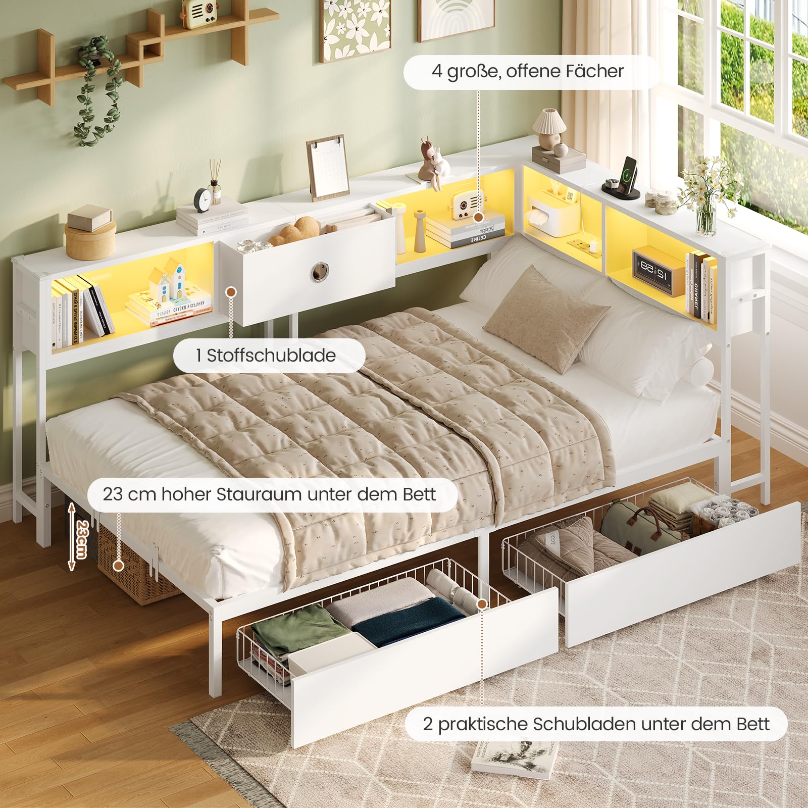 DICTAC Jugendbett 90x200 mit LED-Beleuchtung und Ladestation, Schlafsofa 90 x 200 mit stauraum-5 Staufächern und 2 Schubladen, Tagesbett Einzelbett 90x200 mit Lattenrost aus Metall, weiß LED Daybed
