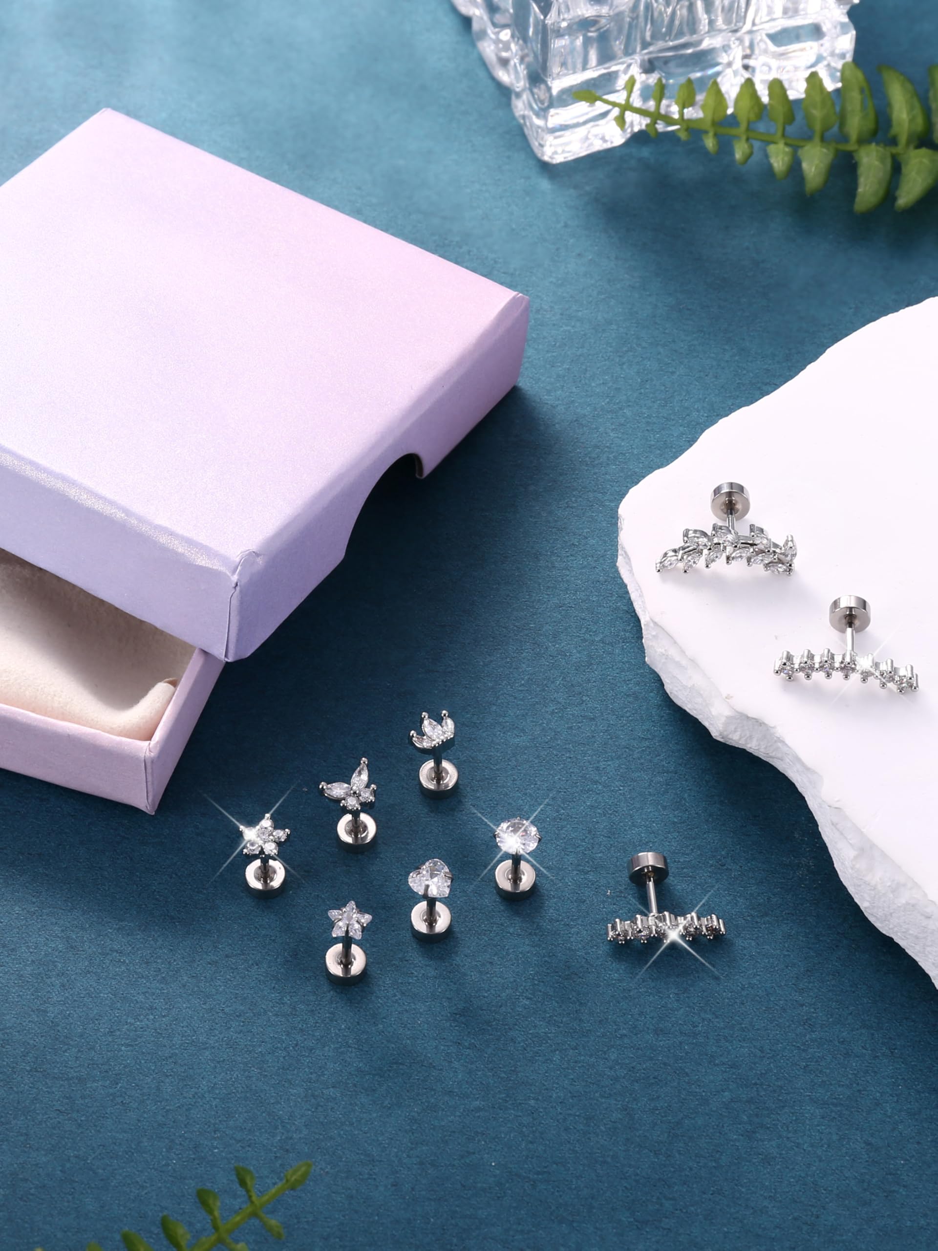 Diamday 9Pcs Piercing Orecchio Acciaio Chirurgico Orecchini Donna Anallergici Helix Trago Piercings Set Orecchini Cartilagine Argento Oro Piercing Helix Trago Conch Gioielli