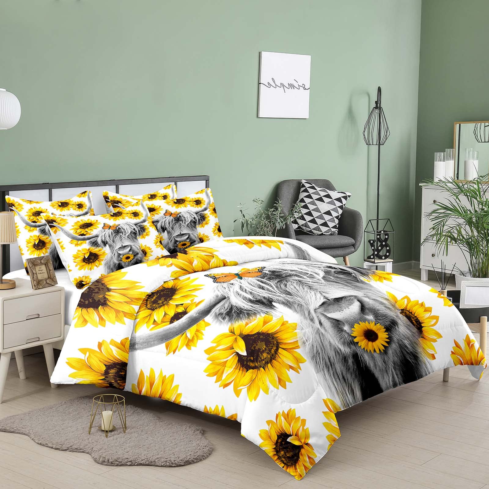 Tailor Shop Western Highland Cow Bedding Set Queen Size Sunflower Highland Cattle Wild Animal Cow Print Comforter 3 Pcs Sets with 1 Comforter 2 Pillowcases…