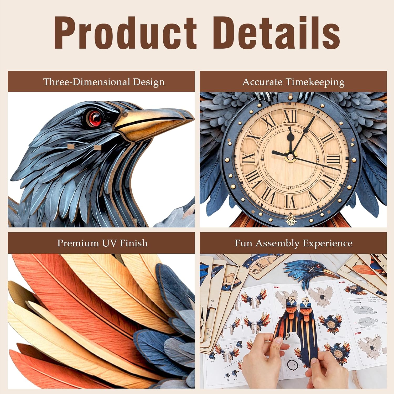 3D Wooden Puzzles for Adults Raven Clock - Crow Wall ‌‌Clock Puzzle Xmas Room Model Building Kit Creative Art Craft Gift Home Decor for DIY Enthusiasts, Brain Teaser Building Set Birthday Gifts