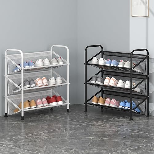 Miniatura 5 de Zapatero de 3 niveles para armario de tela de malla estrechos de metal, organizador de almacenamiento de zapatos pequeño para entrada, pasillo,
