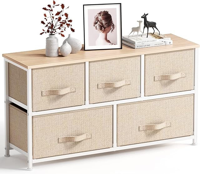 Pipishell Chest of Drawers, Fabric Storage Drawers easy to Install, Dresser with Wood Top and Large Storage Space, Vertical Chest of 5 Drawers Bedroom, Living Room, Nursery Room, Hallway, etc