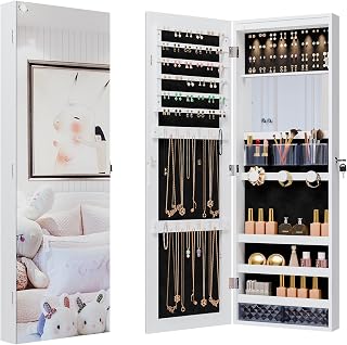 Unisakey Lockable Mirror Jewelry Cabinet - Wall/Door Mount Armoire w/ LED Lights, Drawers, Shelves, 14.4x3.15x43.1 White