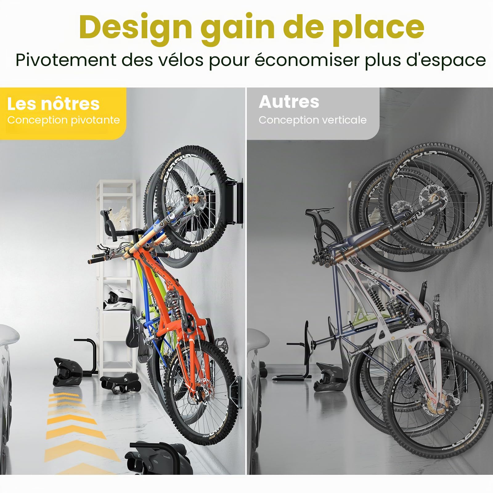 PUTORSEN Support Mural pour Vélo Vertical Pivotant - Porte Vélo Mural pour Les Garages et L'intérieur,Gain de Place et Facile à Suspendre Crochet Vélo Mural,Capacité de Charge 35kg（2 pcs.）