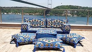 Blue Arabic Majlis, Arabic Floor Couch, Oriental Cushion, 8" Thickness Moroccan Floor Seating Set, Moroccan Cushion, Ethnic Floor Cushion (Sofa Full Set, 8'' Thickness (20 cm))