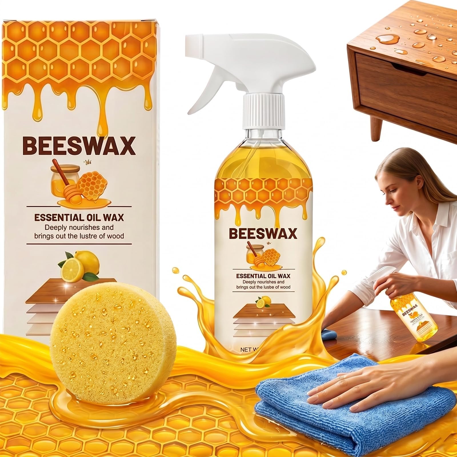 Beeswax Wood Polish Spray, 2026 New Natural Beeswax Furniture Polish and Cleaner Micro Molecularized Essential Oil Spray Furniture Restorer for Floors Cabinets Tables, 355ml (2pcs)