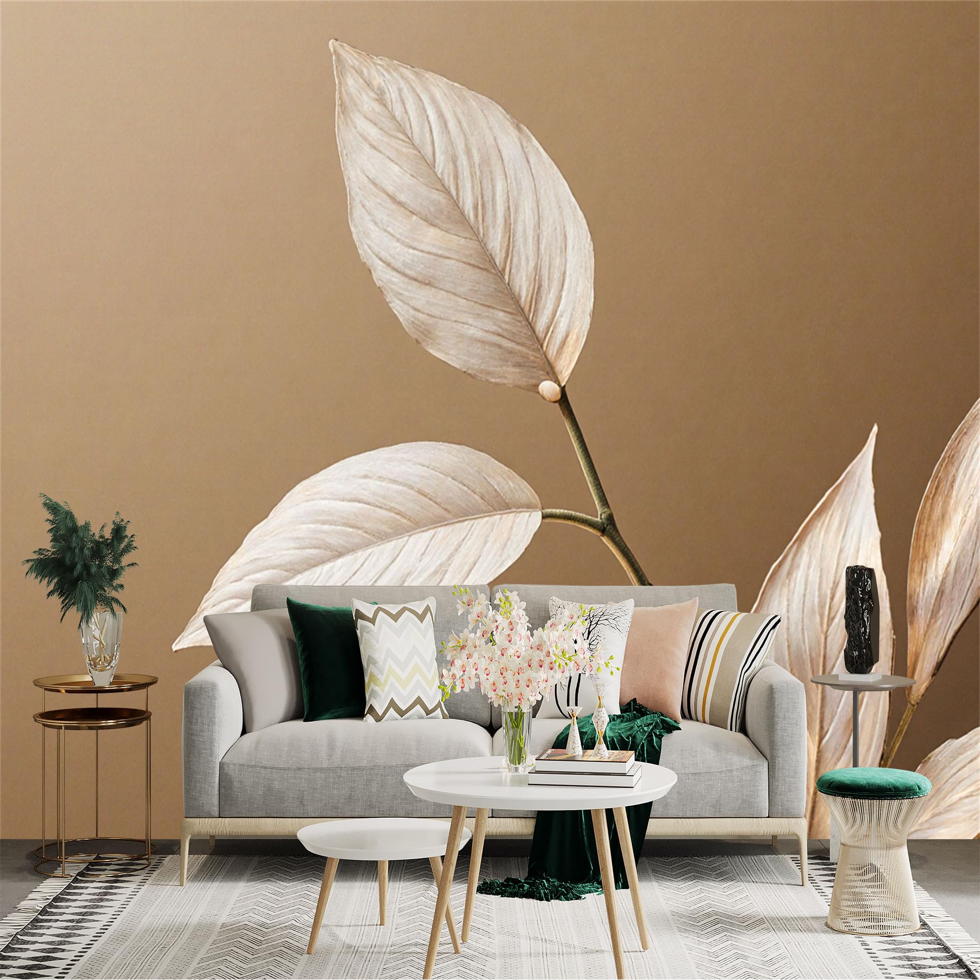 Custom Size Wall Sticker Mural， Minimalist Neutral Toned Leaves， Elegant Botanical Art， Modern Interior Accent， for wall Decoration， peelandstick wall Decals.