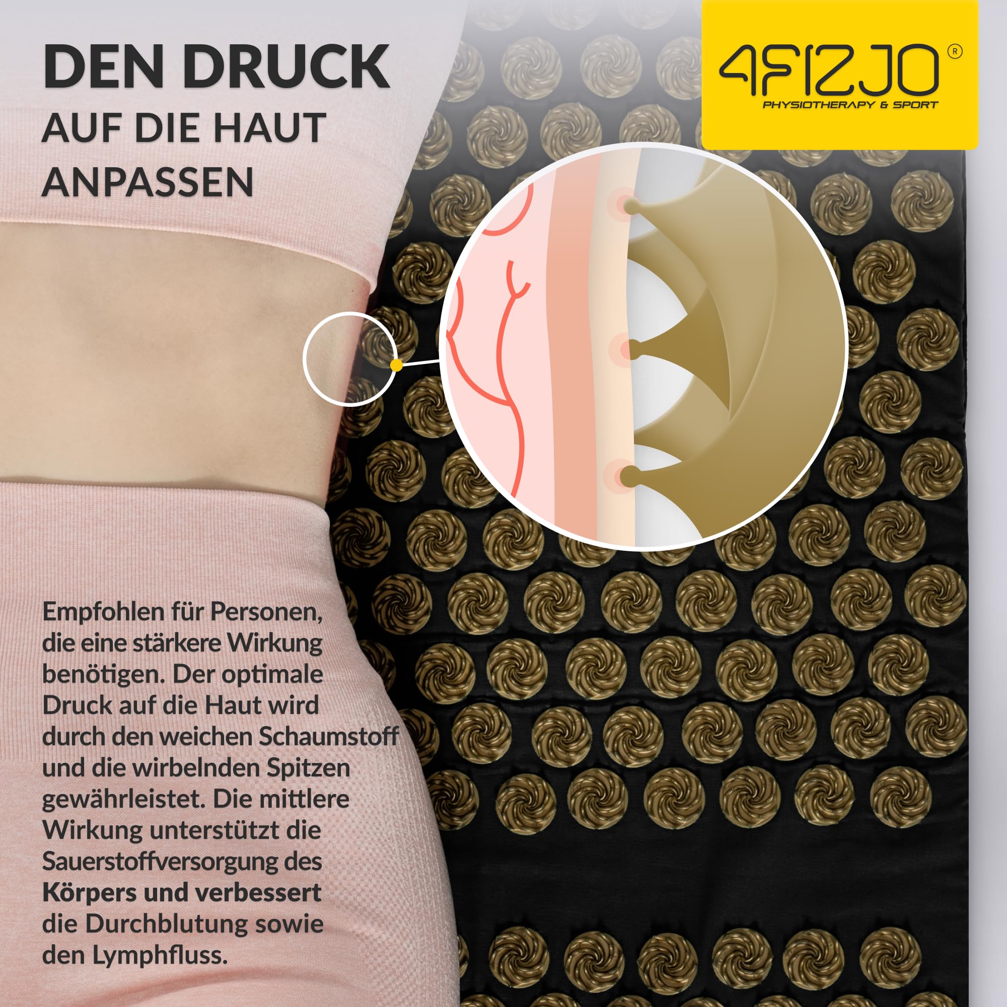 4FIZJO Akupressurmatte & Kissen ERGO XL, 110x42x2 cm, mit Tragetasche, Polyurethanschaum, Hypoallergen, 9475 Stacheln, Massagematte für bessere Durchblutung, Muskeln Entspannung, Schwarz und Gold