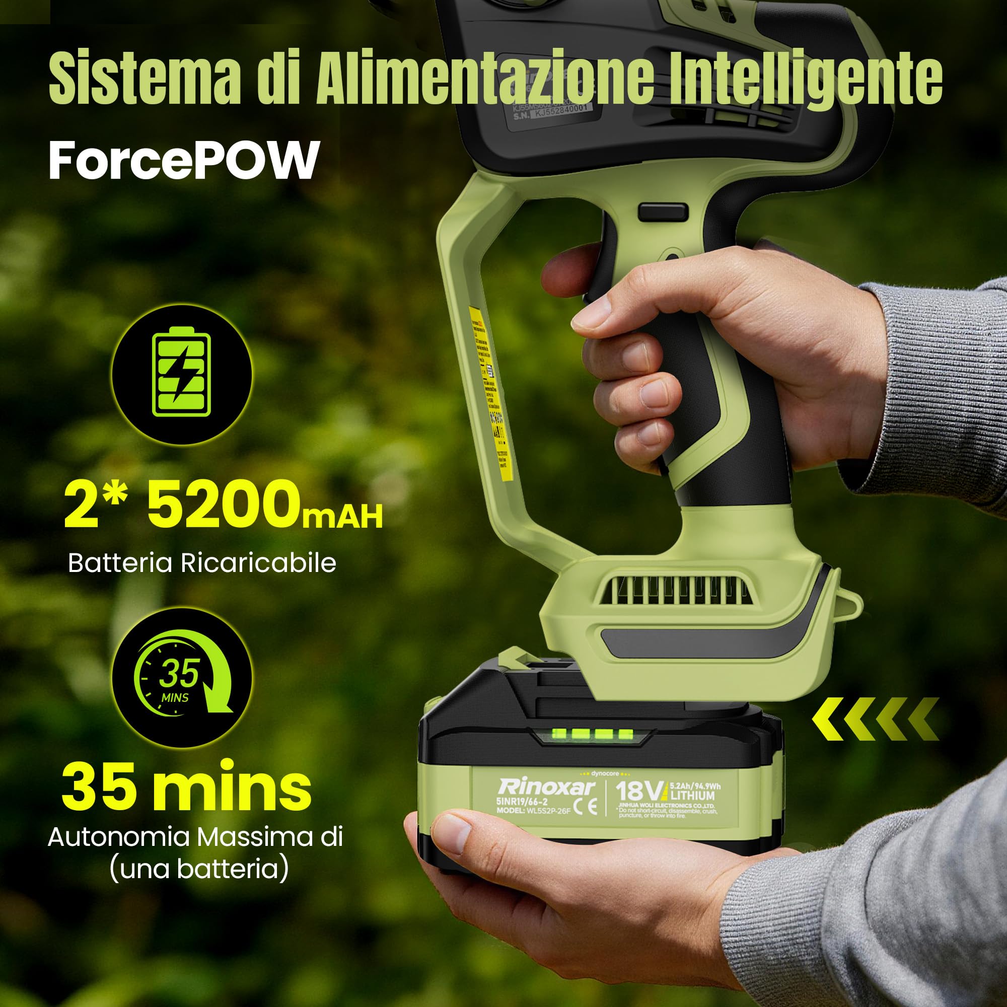 Motosega a Batteria 8 Pollici, Motosega Elettrica con 2×5200 mAh Batterie, Motore Brushless, Lubrificazione Automatica, Tensionamento Catena Senza Attrezzi, Sega per Potatura Legno e Rami