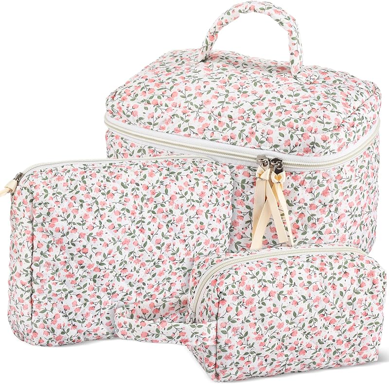Paterr Conjunto com 3 Estojos de Maquiagem de Algodão Matelassado Rosa Floral