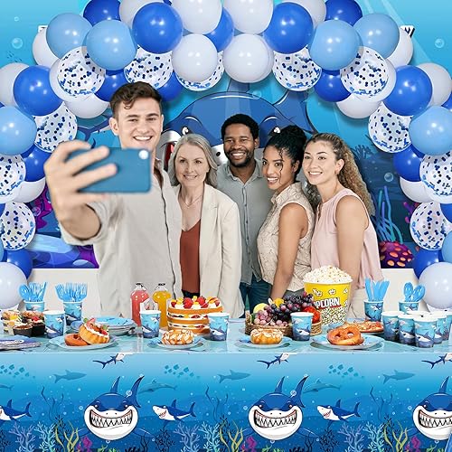 Miniatura 6 de Yaomiao 165 piezas de decoración de fiesta de cumpleaños de tiburón con platos de cumpleaños temáticos de fiesta de tiburón, servilletas, vasos,