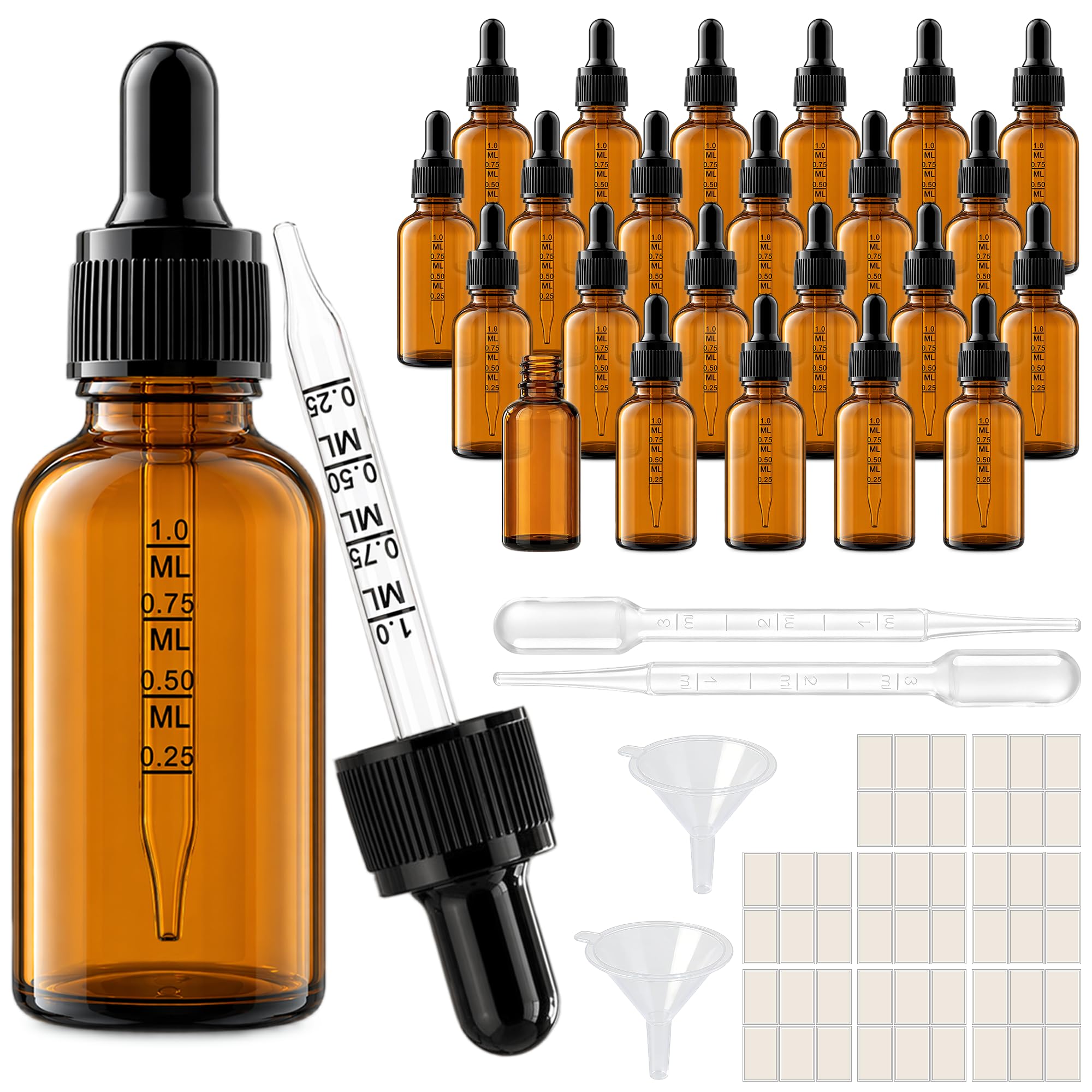 PrettyCare 24 Pack 1 oz Amber Dropper Bottles Bulk with Black Cap, 30ml Glass Eye Dropper Bottles with Funnel &amp; Labels - Leakproof for Essential Oils, Small Business &amp; Workshop