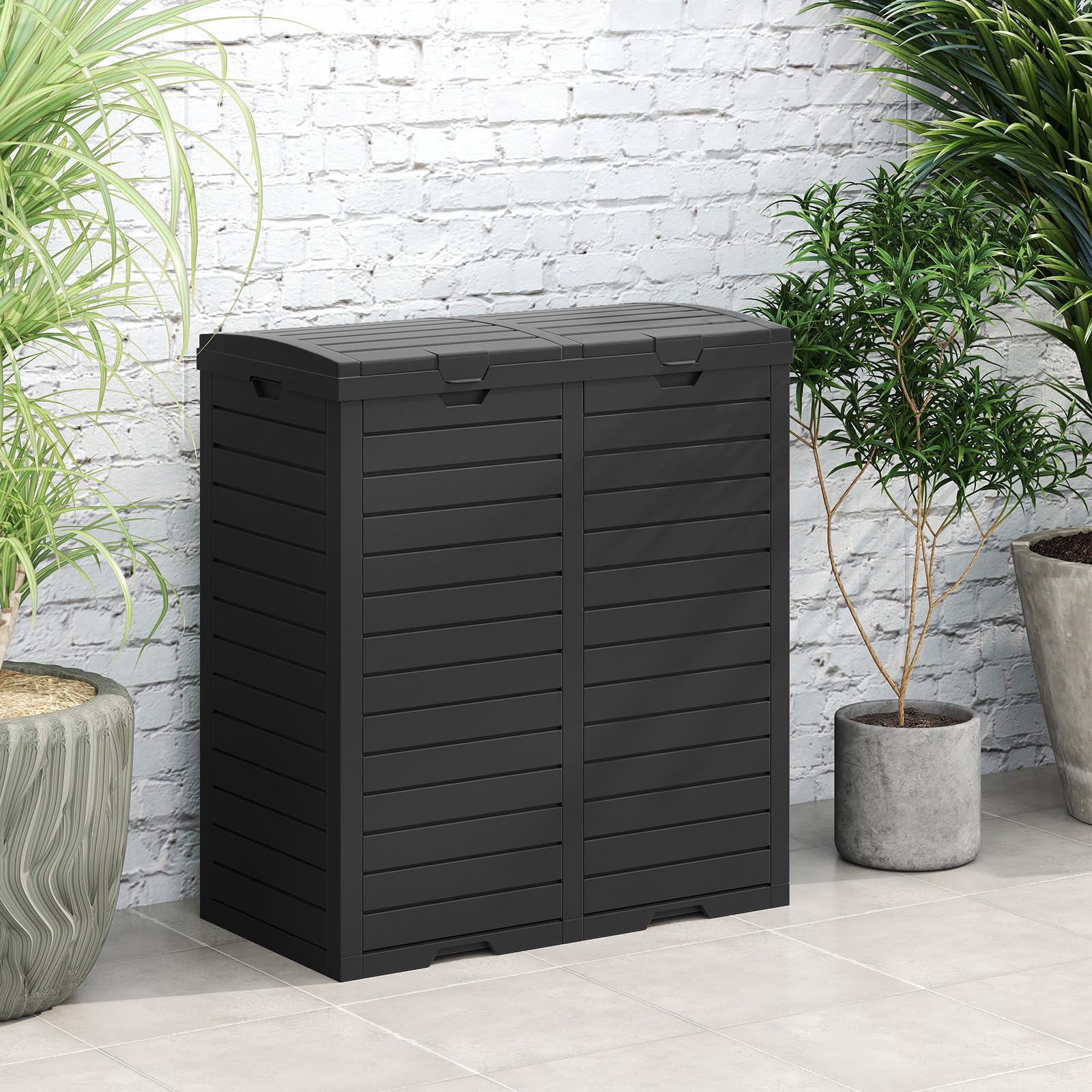 GOPLUS Poubelle Jarin Extérieure à Double Bac 236 L, Bac à Ordures Extérieur pour Déchets, Poubelle de Tri Terrasse Extérieure Intérieure avec Plusieurs Couvercles (Noir,236L|77x40x86CM)