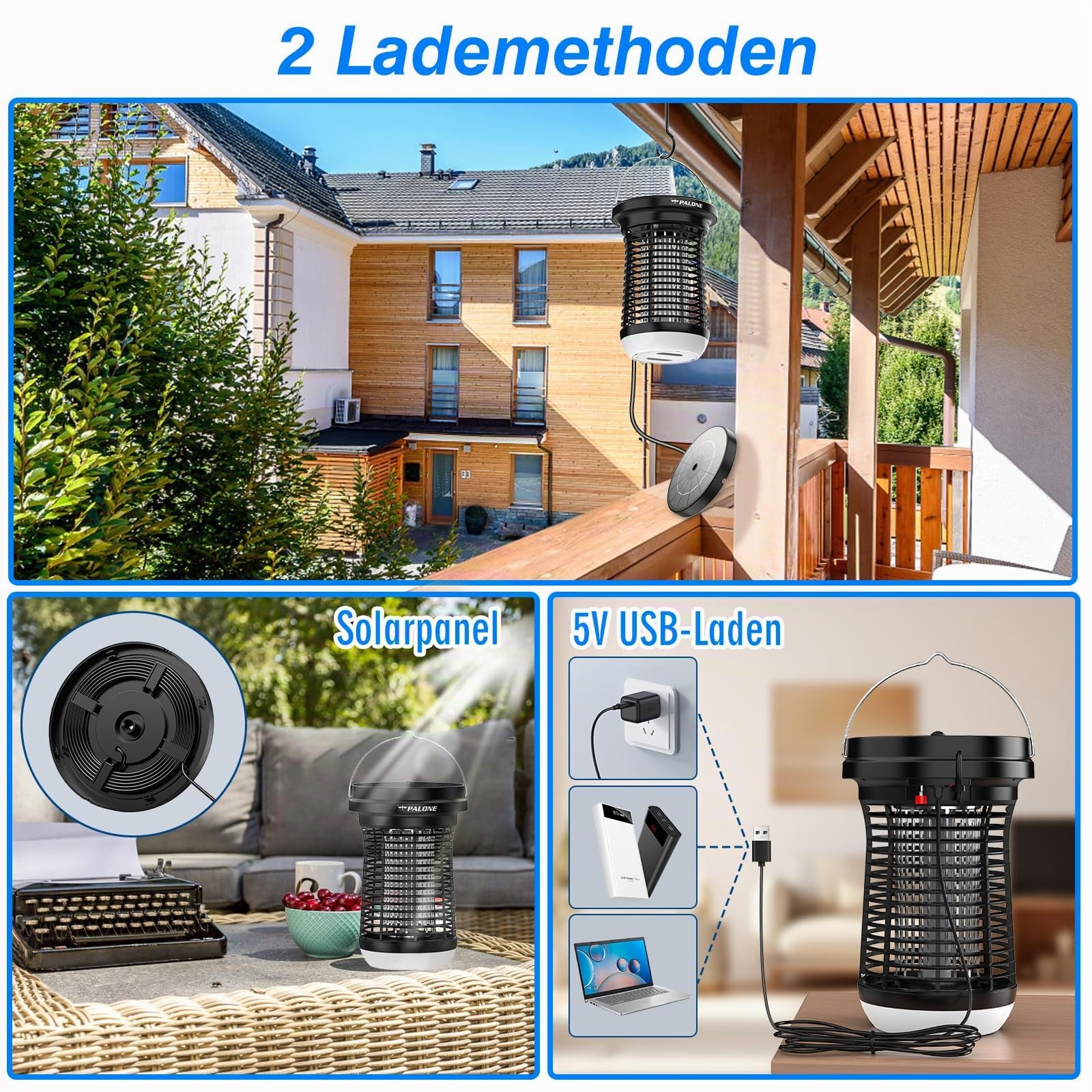 PALONE Insektenvernichter Elektrisch Solar LED, 4500V USB C Wiederaufladbar Elektrischer Mückenlampe mit 3,5W/5V Sonnenkollektor & 3,5M Kabel und Type C Ladekabel für Innen Außen