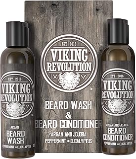 Viking Revolution Beard Wash & Beard Conditioner Set w/Argan & Jojoba Oils – Softens, Smooths & Strengthens Beard Growth - Natural Peppermint and Eucalyptus Scent - Beard Shampoo w/Beard Oil (5 oz)
