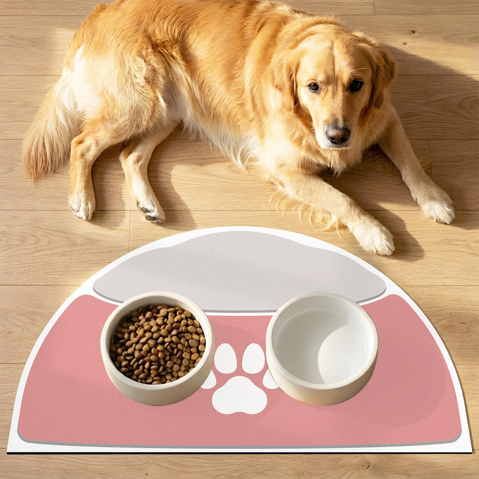 METEOROCK Dog Food Mat, 71x43 cm Absorbent Dog Bowl Mats Non Slip, Extra Large Pet Food Mat for Multiple Pets Families, Fit with Automatic Feeders & Double-Bowl (Pink & Grey)