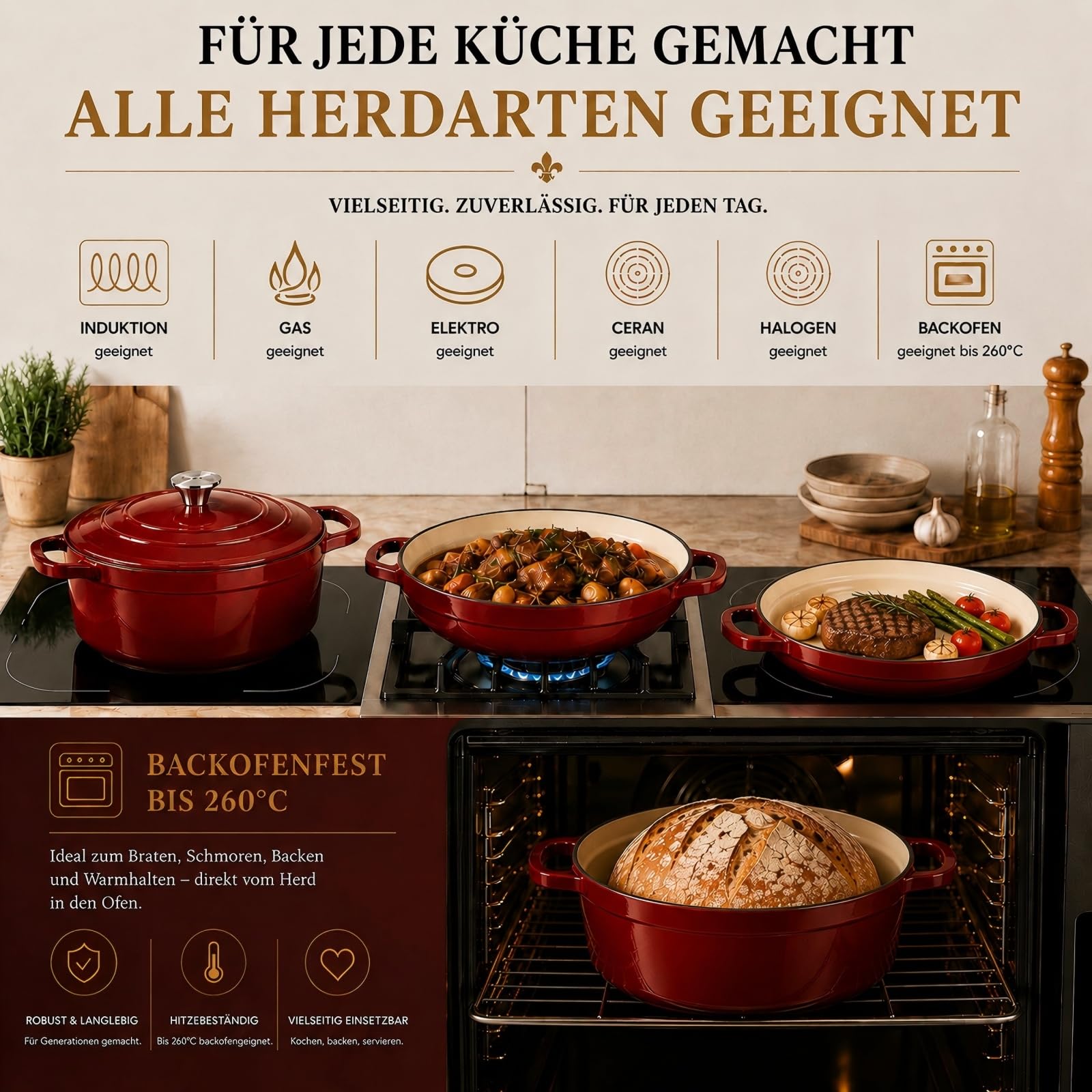 AHJ Topfset Gusseisen Emailliert, 4-teiliges stapelbares Schmortopf Set mit 4,5L Brotbacktopf/Dutch Oven, 2,5L Bräter, 1,2L Grillpfanne und Deckel, antihaftend, backofengeeignet bis 260°C, Rot | Inklusive Brottopf 4,5 L, Bräter 2,5 L, Grillpfanne 1,2 L un