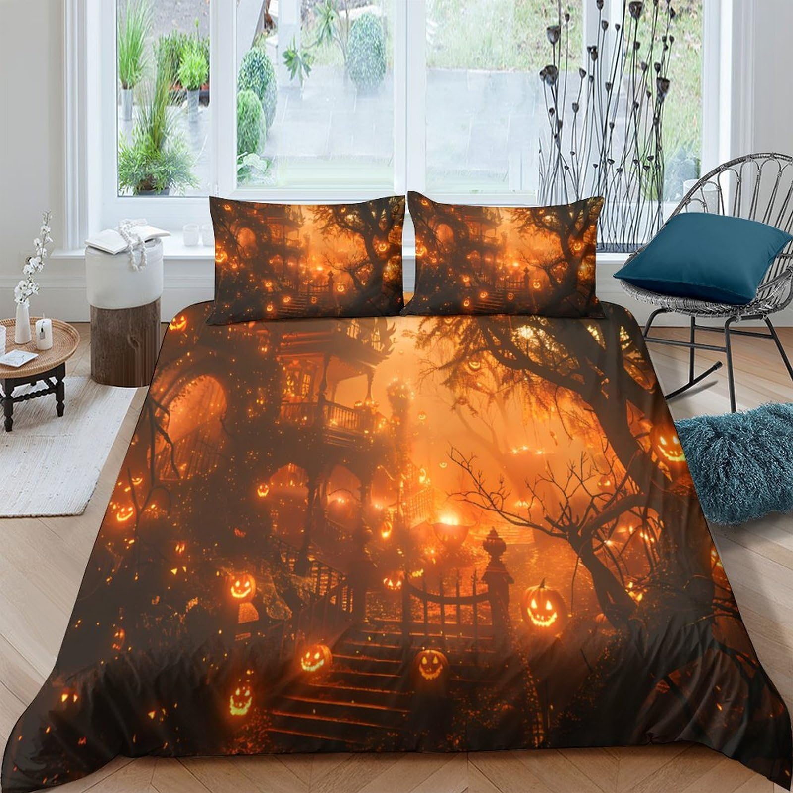 Ctjqhvkz Style-4 3D Printed Pumpkin Lanterns Fitted Sheet Microfiber Autumn Forest Bed Cover For Bedroom Guest Room Dorm Decor Single（135X200cm）