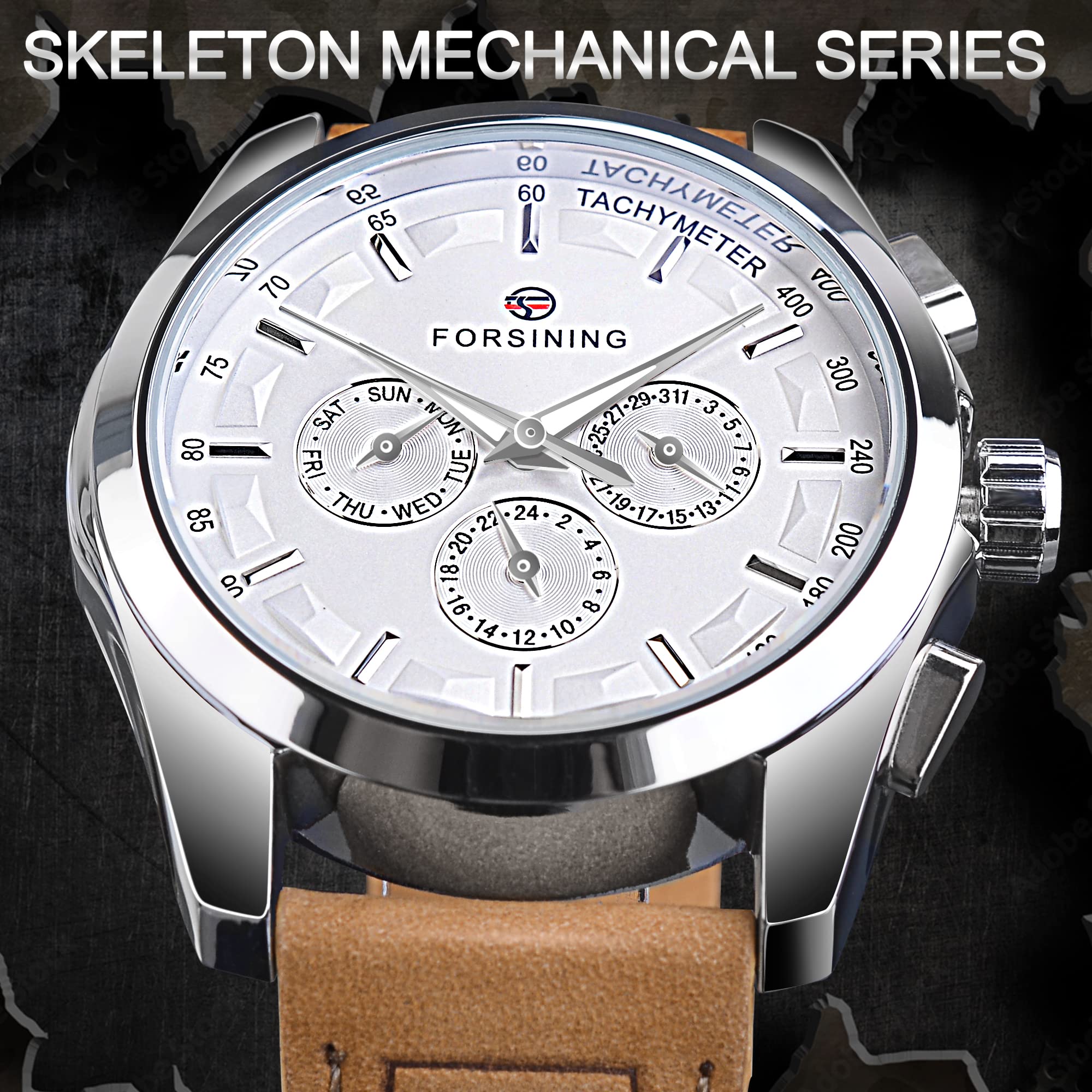 FORSINING Mechanische Armbanduhr Herren Automatische Selbstaufziehende Militäruhr Echtes Lederband Wasserdicht Leuchtend Casual Business