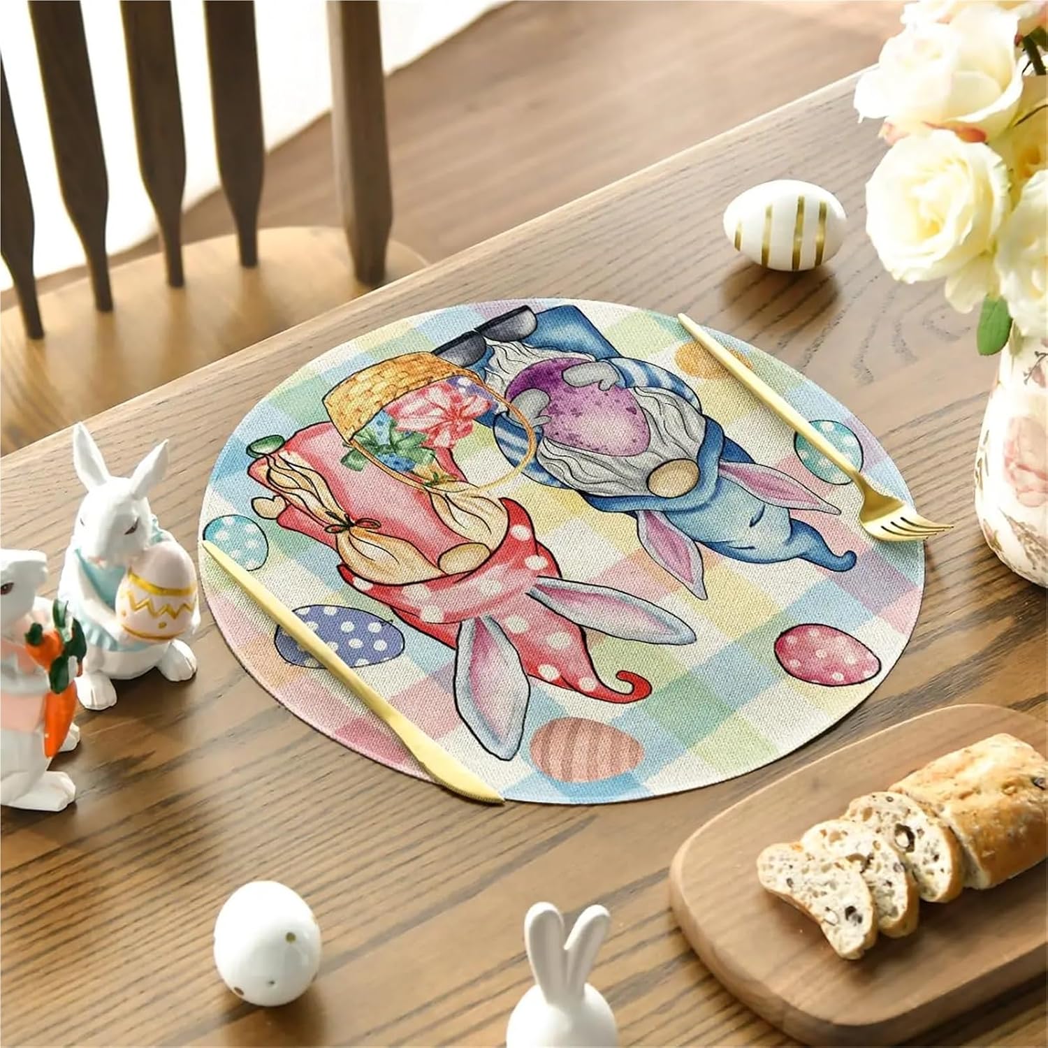 Easter Round Placemats Set of 4, 14 Inch Colored Bunny Eggs Gnomes Spring Round Table Mats for Easter Party Kitchen Dining Decor(10)