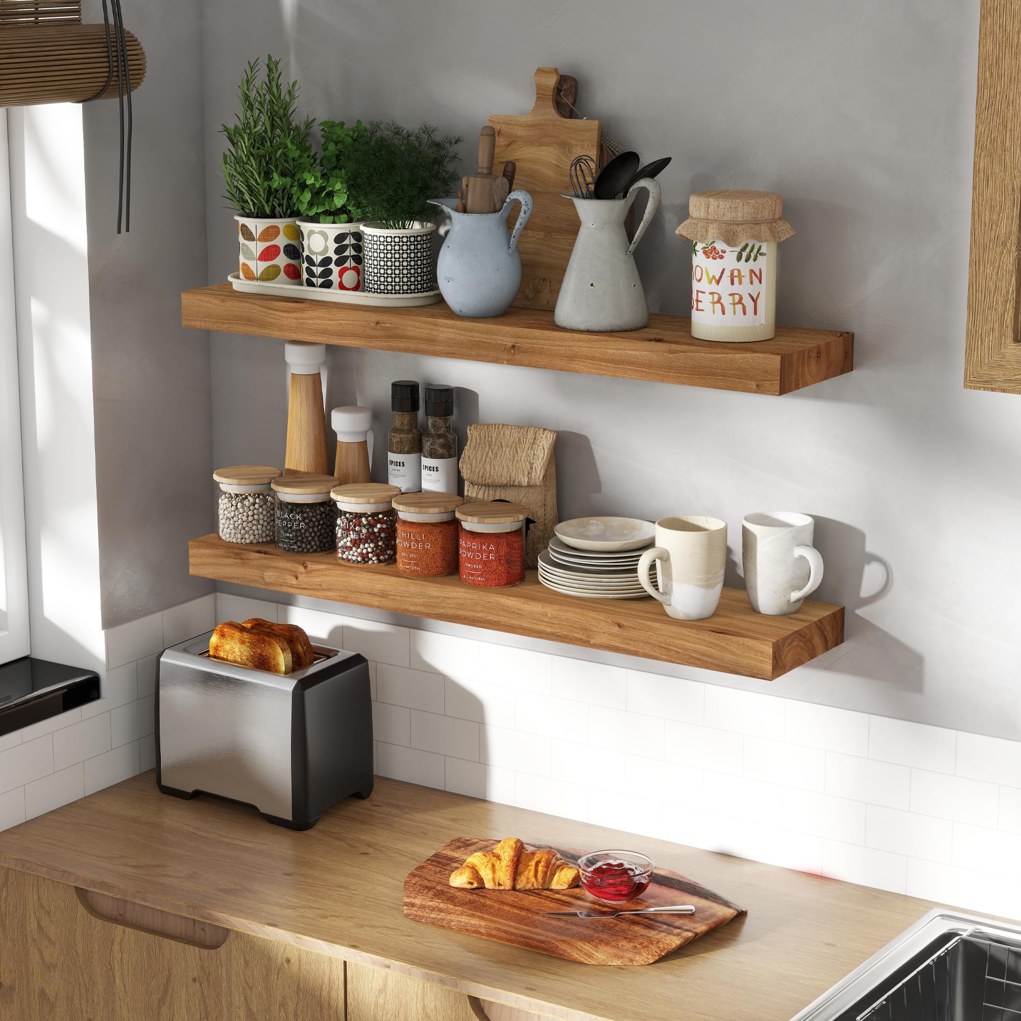 fun memories wood floating shelves 36 inch long, solid elm wood wall shelves set of 2 for kitchen, living room, bedroom, wall-mounted rustic wooden bathroom shelf storage shelf for farmhouse, natural