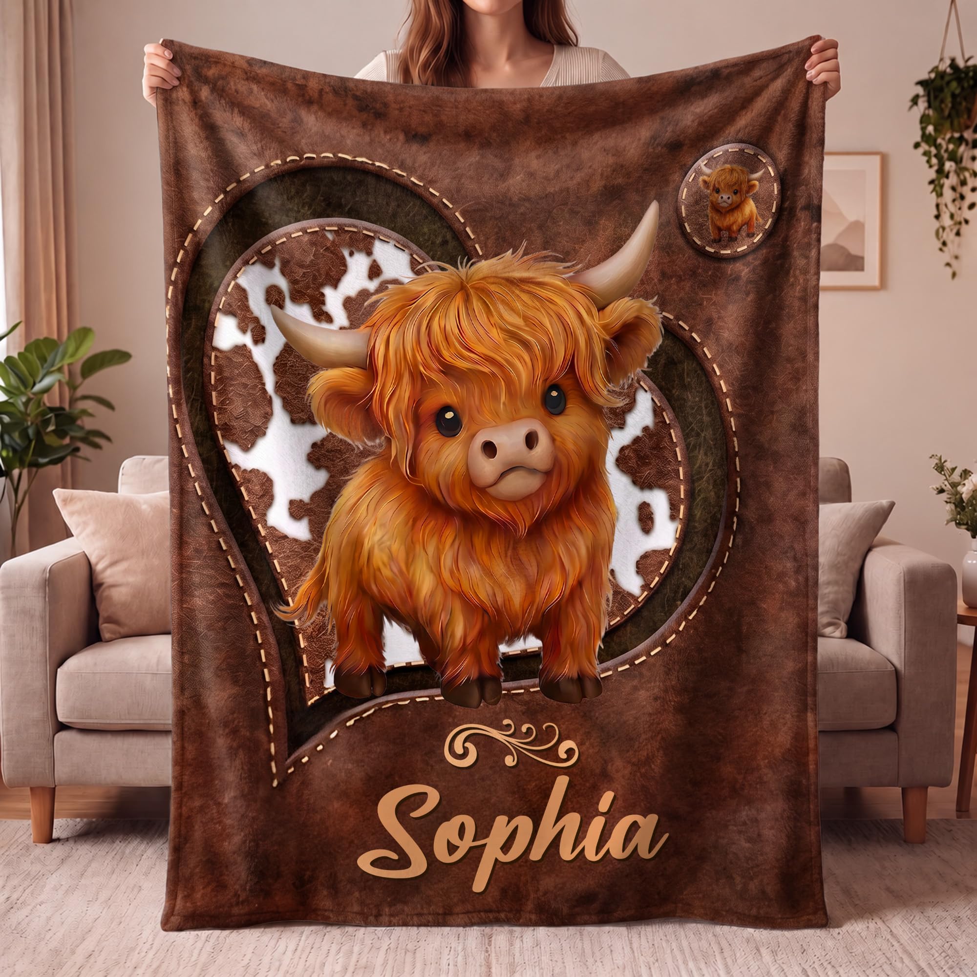 idooodle Personalised Highland Cow Blanket with Name, Fleece Soft Throw