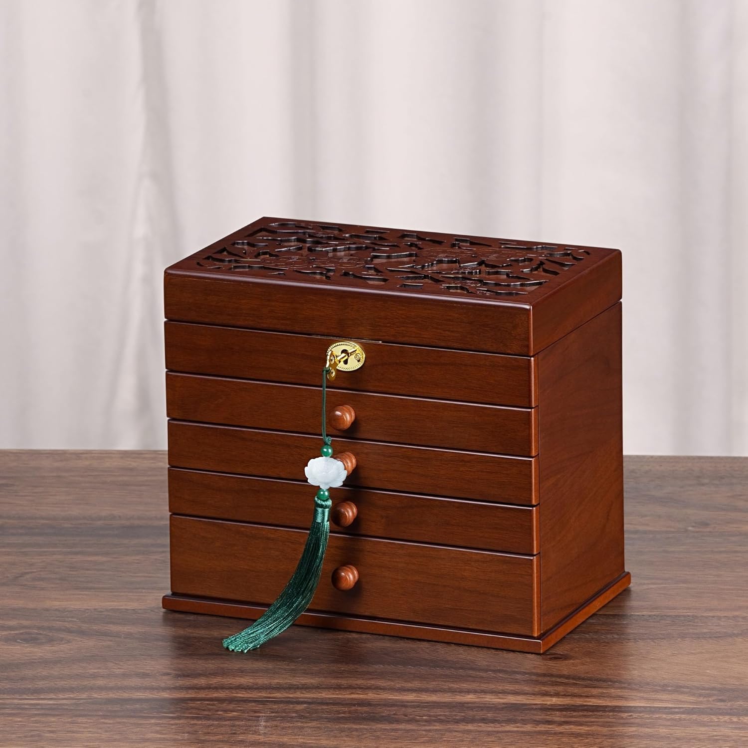 Vintage Wooden Jewelry Box with Dual Key Lock, Carved Top, Necklace Hooks – Antique Jewelry Organizer for Dresser Tabletop, Jewelry Storage Boxes for Women - Image 2
