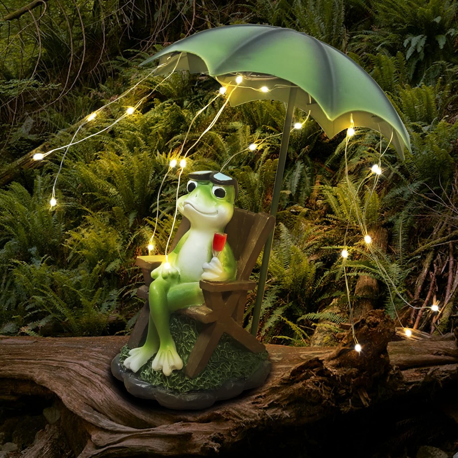 lifemet Solar Frog Statue with Wine Glass and Vine, Outdoor Indoor Ornament | Funny Frog Design with Wine Glass | Weather-resistant Resin Statue | Garden, Pond, Balcony and Patio Decoration