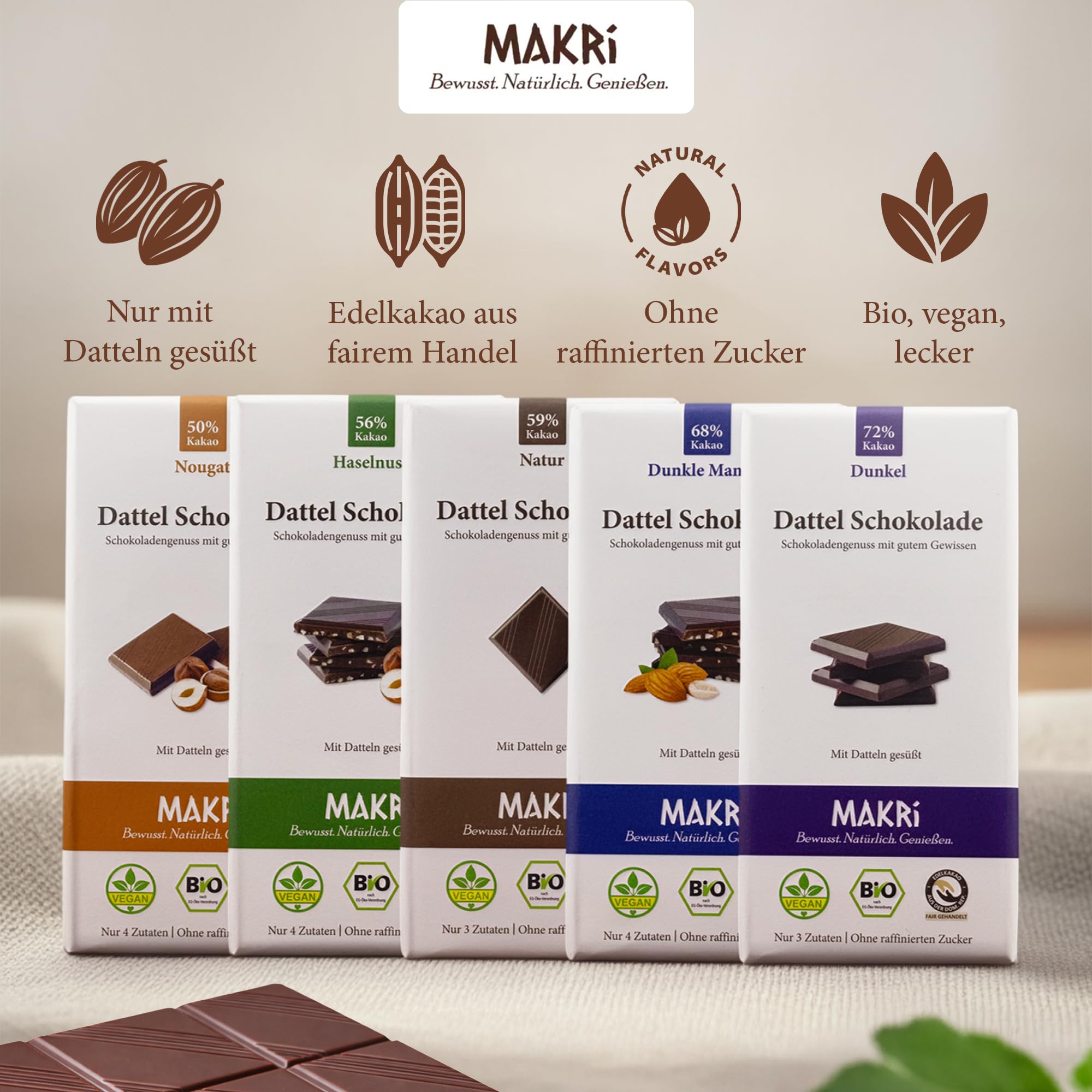 MAKRi® BIO Dattel Schokolade Probierpaket (5 Sorten) | Mit Datteln Gesüßt | Dattelschokolade Ohne Raffinierten Zucker | Vegane & Dattelsüsse Bio, Fair Gehandelt (10)