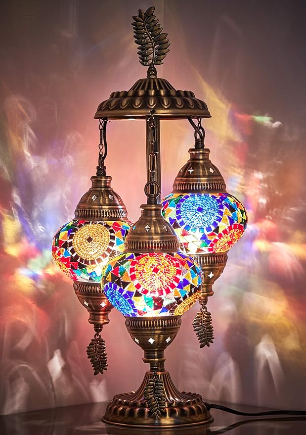 DEMMEX DEMMEX 3-Globe Turkish Moroccan Mosaic Table Lamp, 21" Handmade Bedside Night Light with Colorful Mosaic Glass Globes & Antique Brass Finish Metal Base (Multicolor2)