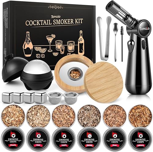 Kit de ahumador de whisky de 20 piezas con antorcha de metal ajustable en ángulo (sin butano)  6 sabores de virutas de madera natural, kit de