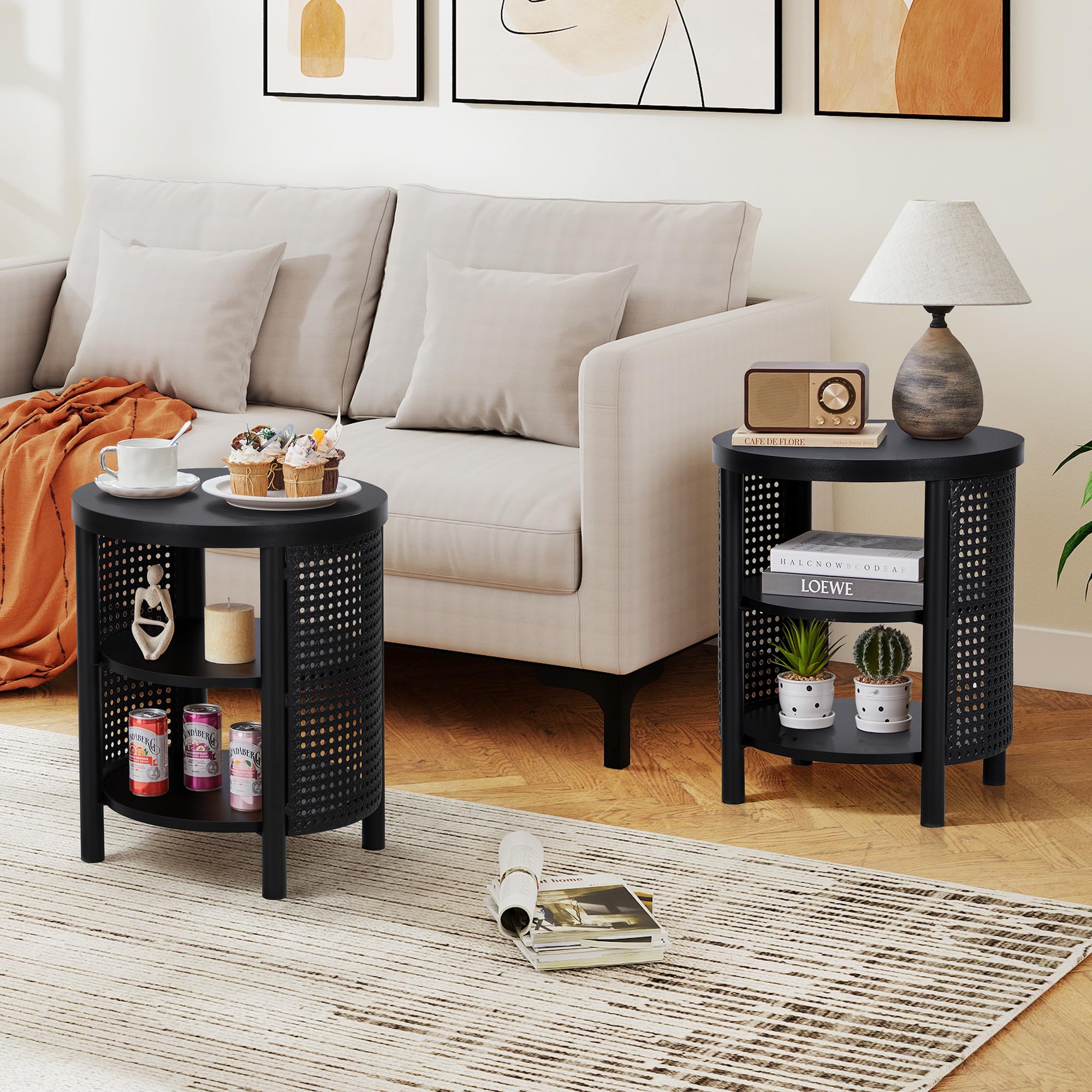 Extra Small Round Side Table Set of 2, 15.7" Dx17.9 H Wodden Drink End Table with Unique Wave Leg for Sofa Couch, Modern Accent Nightstand for Living Room, Bedroom, Balcony (Black)