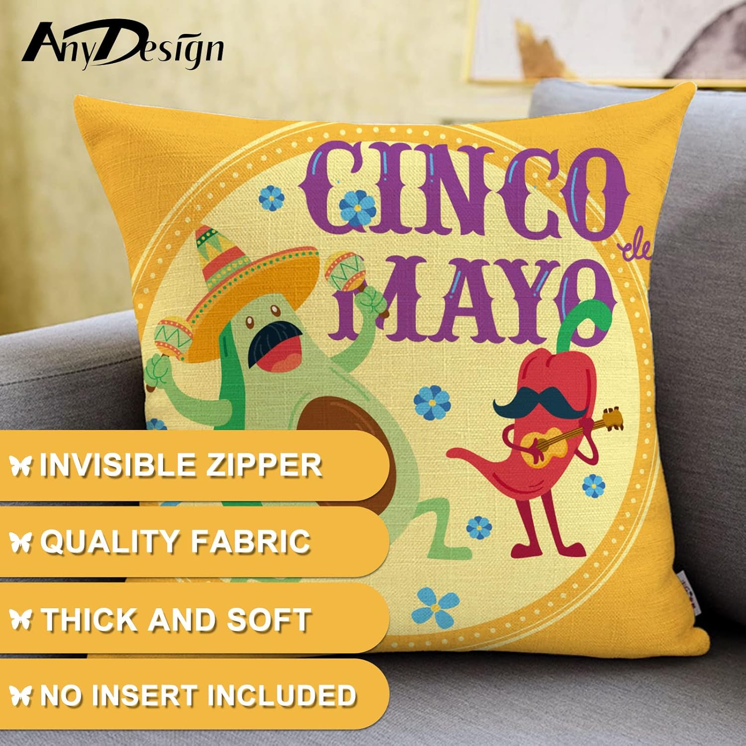 AnyDesign Mexican Fiesta Throw Pillow Covers Cinco De Mayo Pillow Case Colorful Mexican Cactus Avocado Cushion Case for Home Party Celebration Decoration Supplies, 18 x 18 Inch, 4Pcs