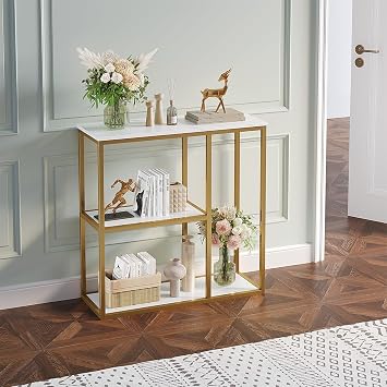WOHOMO Console Table, Small Entryway Tables with Storage Shelves 12'' Narrow Sofa Tables Modern Hallway Table for Living Room 31.5" x12''x31.5'' White and Gold