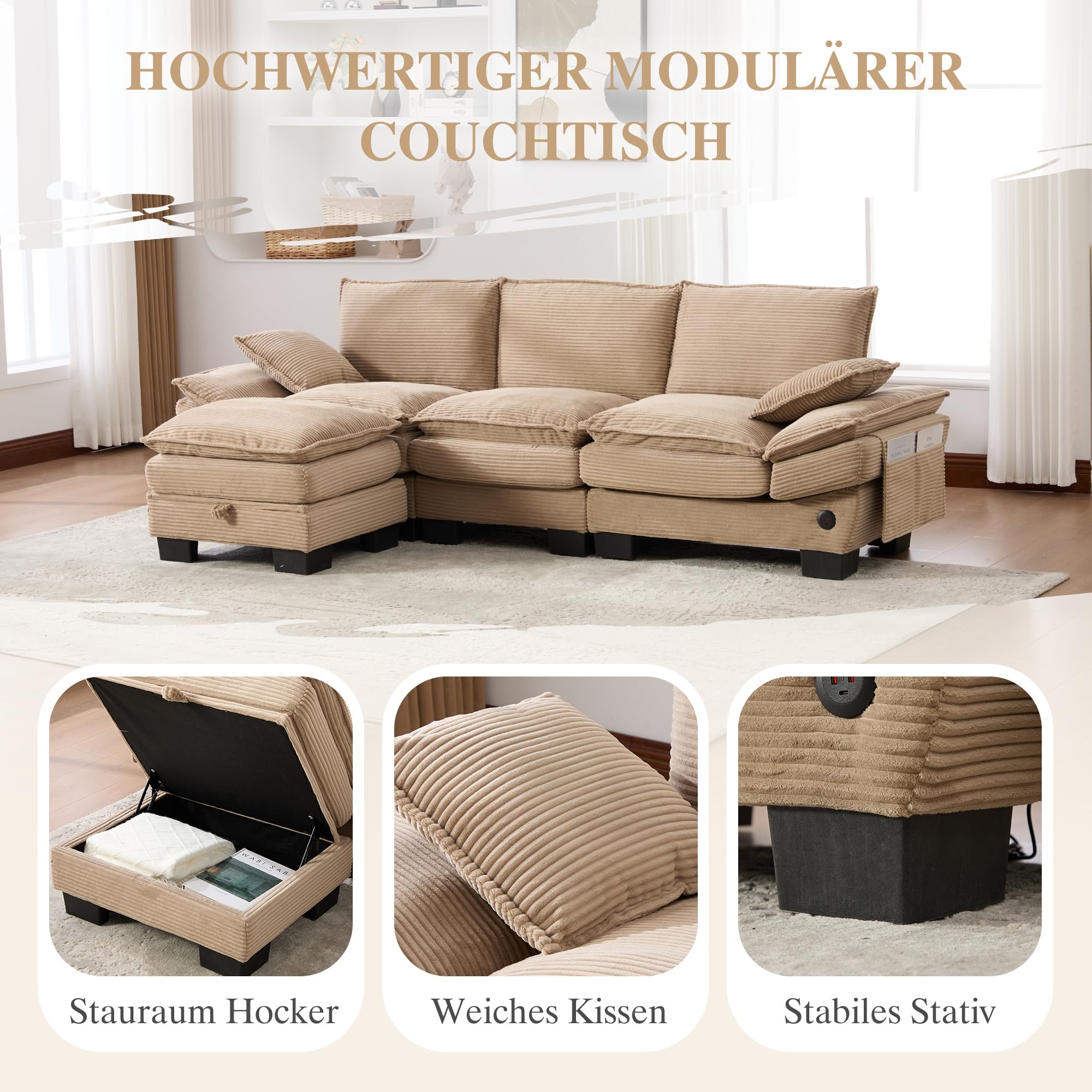 Modułowa sofa 3-osobowa z 1 taboretem, ergonomiczna szerokość siedziska z przyłączem C, sofa do salonu z bocznymi kieszeniami, do salonu, sztruksowy, khaki