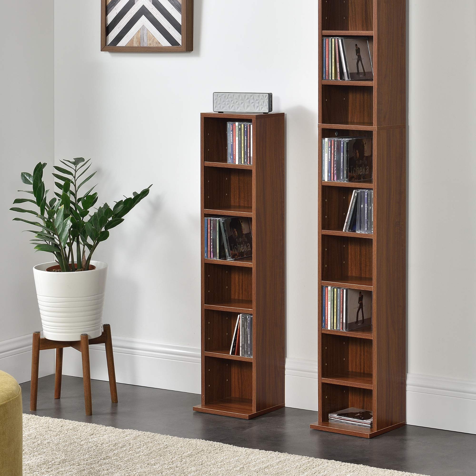 [en.casa] Étagère CD Tour DVD Meuble Rangement avec 6 Surfaces de Stockage à Hauteur Réglable Panneau de Particules Mélaminé 90 x 20 x 20 cm Effet Noyer