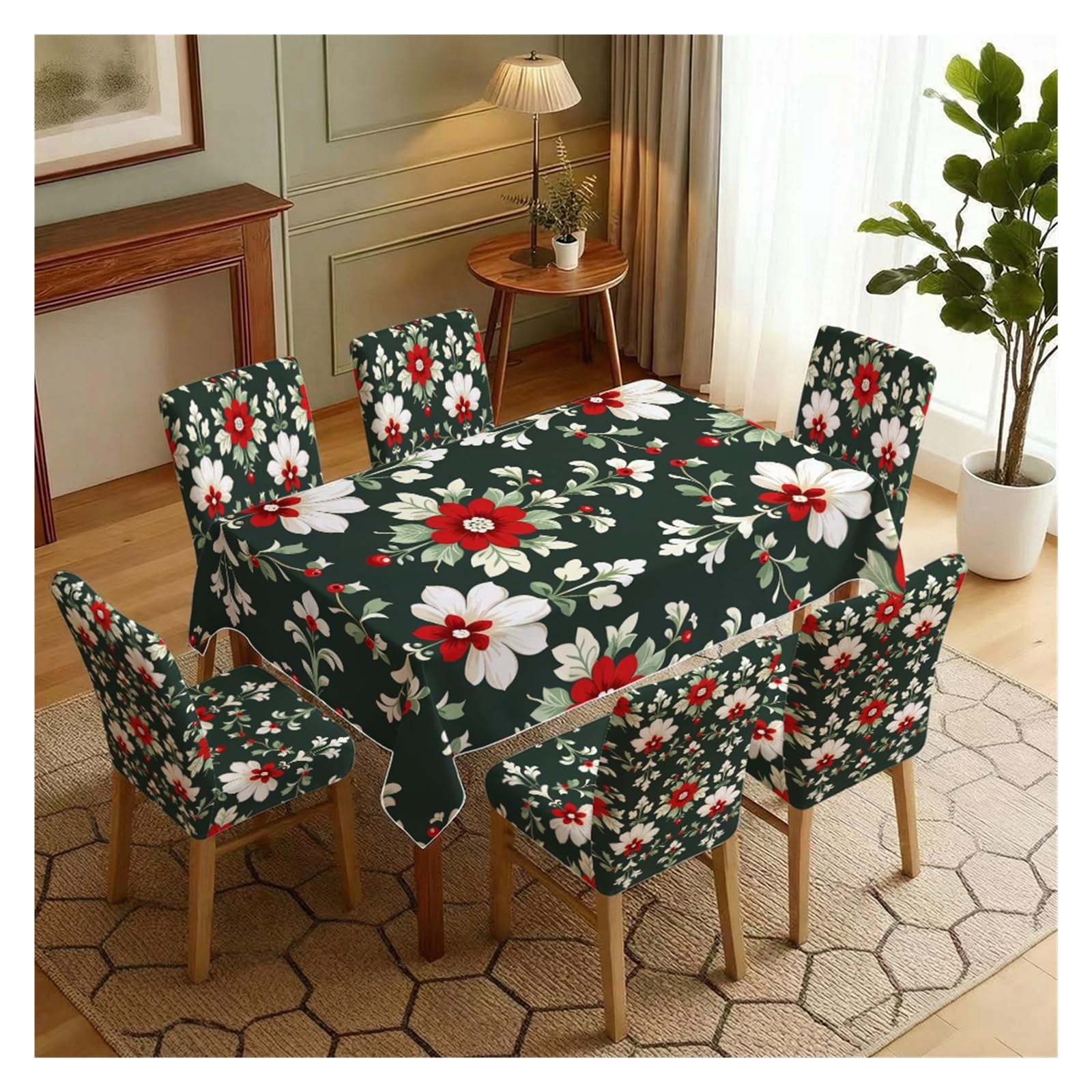 BOSUYBN Dark Green Background Red White Vintage Floral Dining Tablecloth & Chair Covers Set, 5/7 Piece Festive Country Cottage Farmhouse Dining Decor Table Setting(7pcs Set: Tablecloth+Chair Covers)