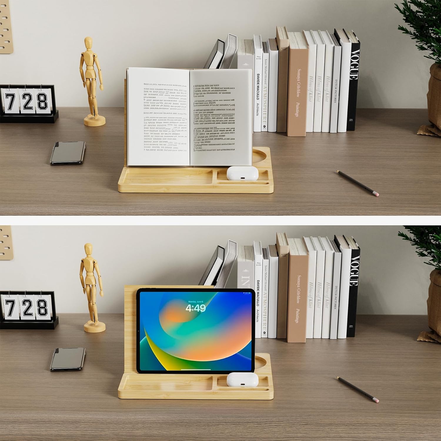 NiHome Bamboo Wooden Book Stand Holder with Triangle Design for Spine-Friendly Book Resting, Natural Finish Multipurpose Organizer with Detachable Magnetic Base for Glasses, Pens, Smartphone and More