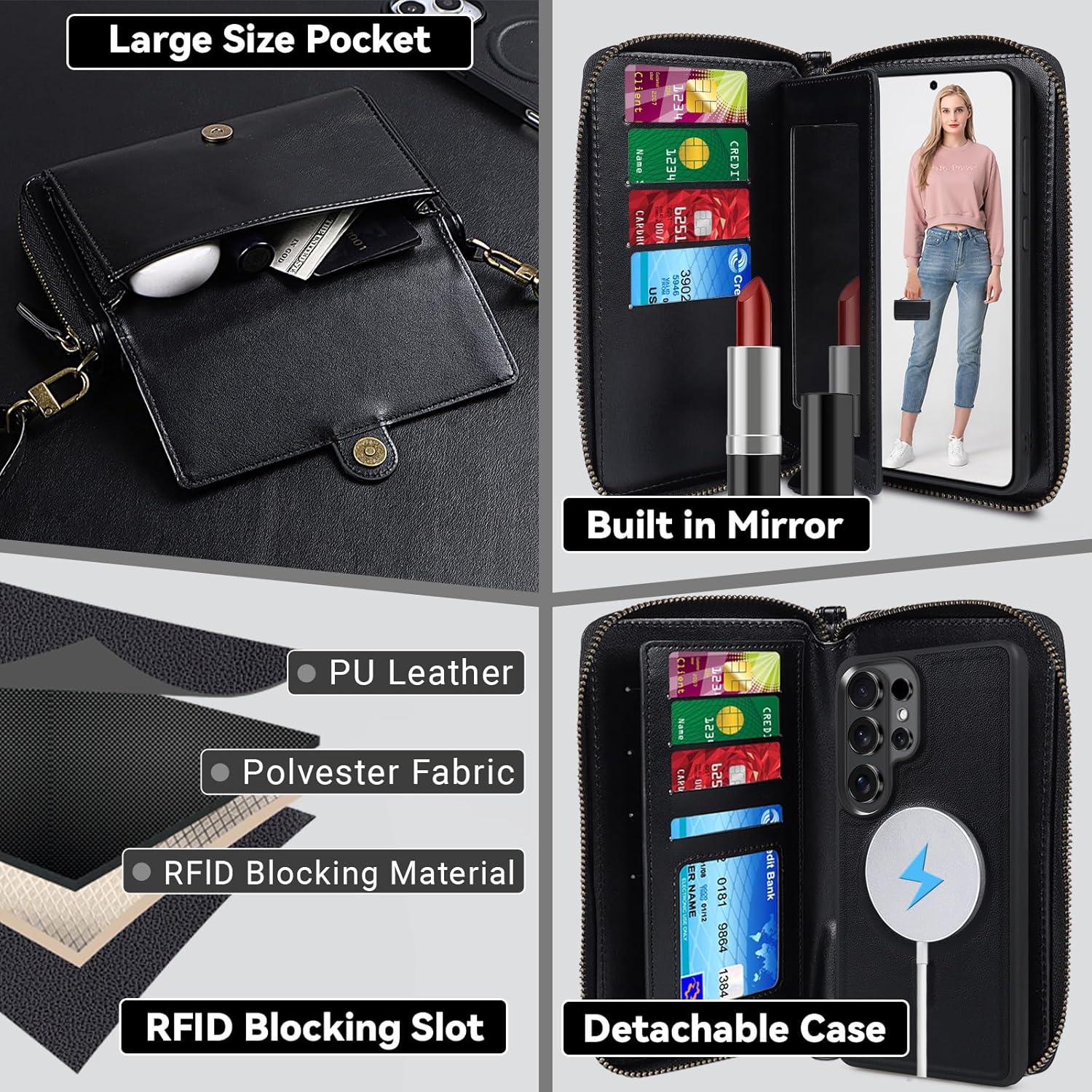 Lacass for Samsung Galaxy S26 Ultra Detachable Crossbody Wallet Case, Compatible with MagSafe Magnetic 2 in 1 RFID Blocking PU Leather Wallet Cover Card Holder Zipper Make Up Mirror (Black)