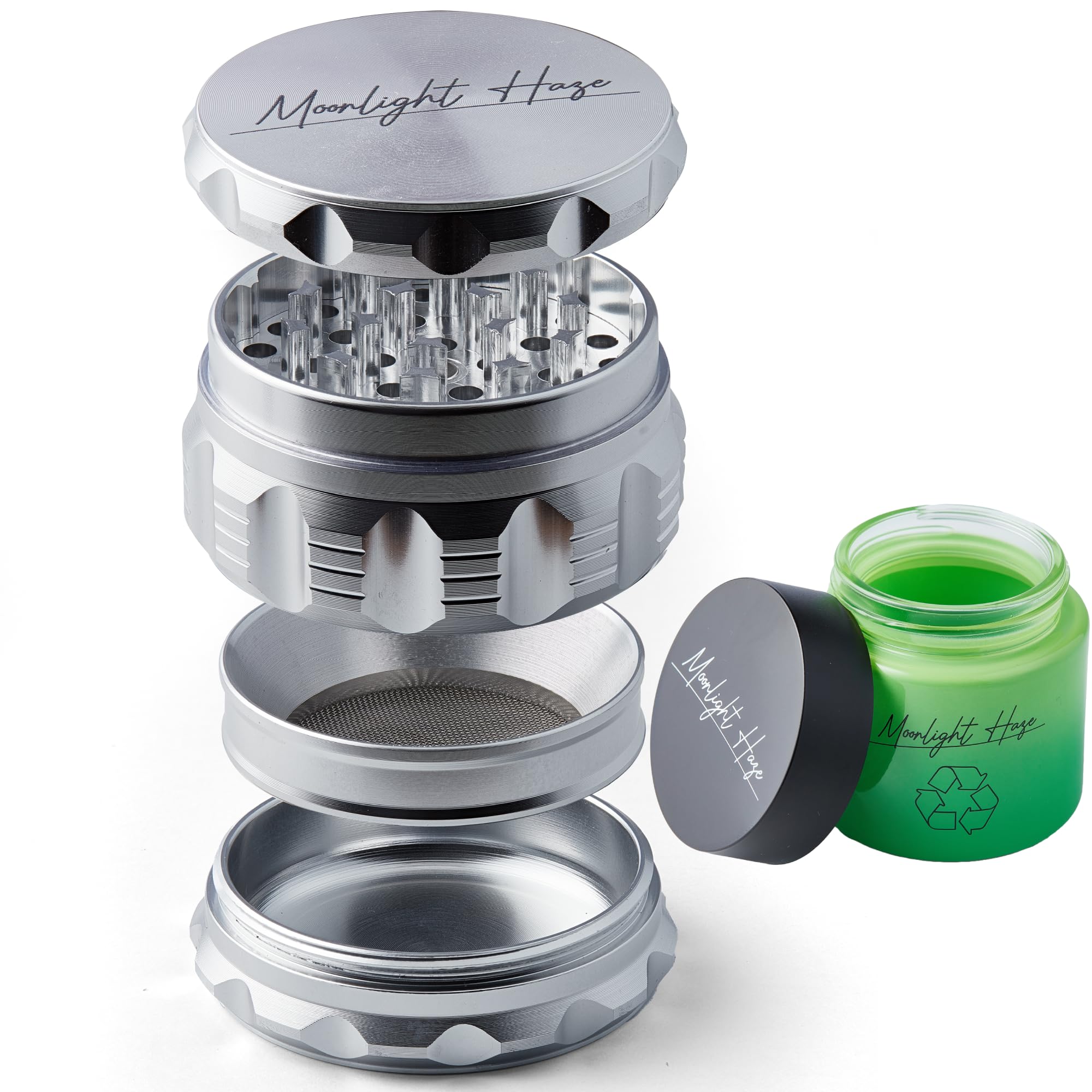 Moonlight Haze - Premium Aluminium 4 Piece Grinder Set with Storage Jar - 63mm Metal Grinder Gift Set