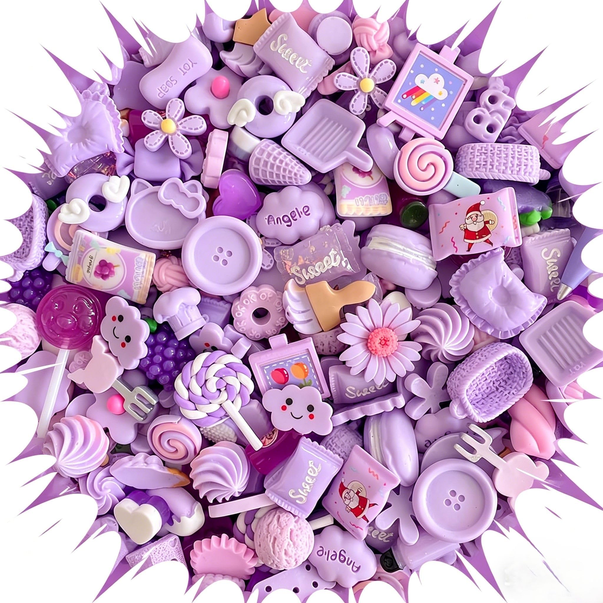 Ulalaza 100pcs Slime Charms Mixed Set Resin Flatback Making Supplies for DIY Craft Making and Ornament Scrapbooking Beads Assorted Candy Fruit Cake Ornament