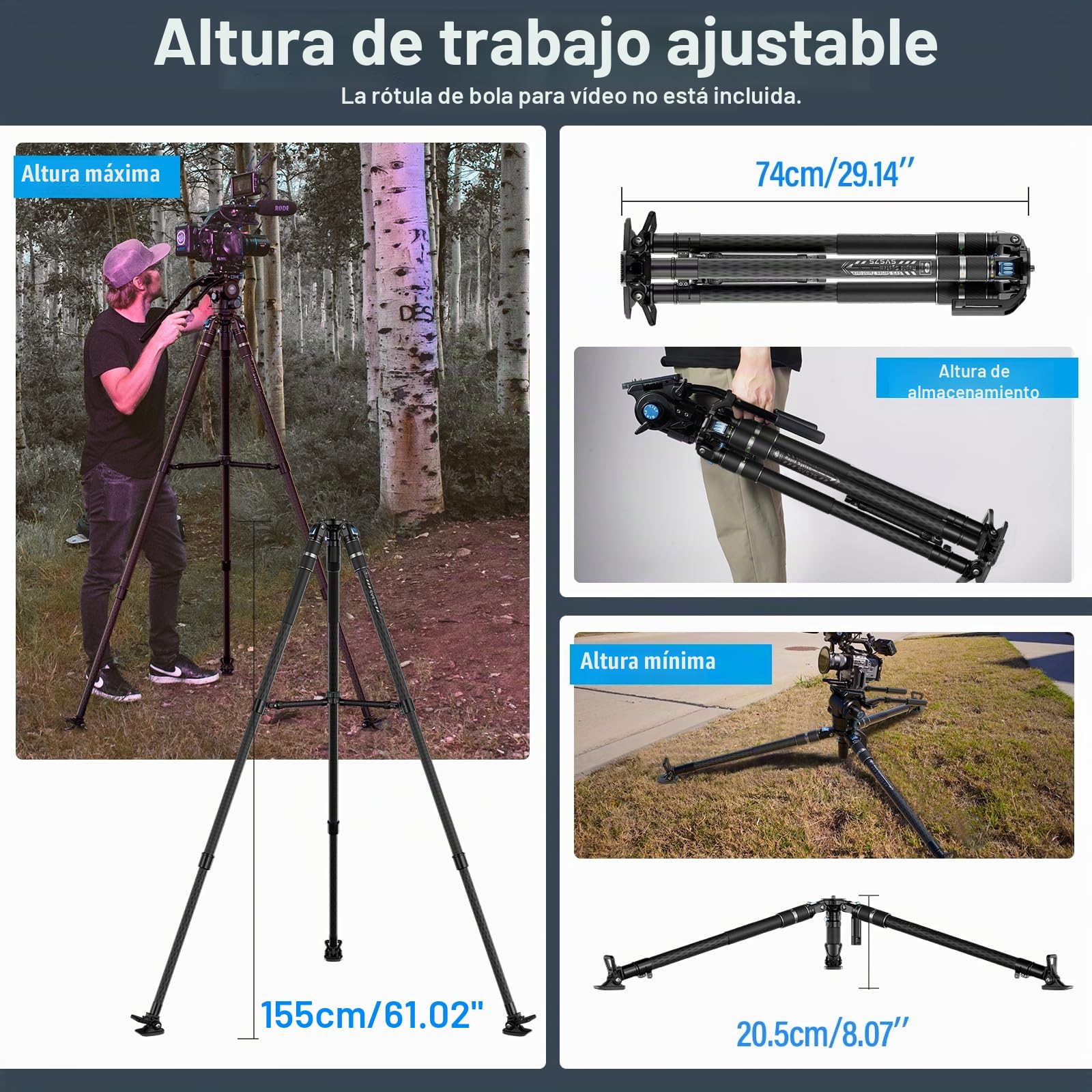 SIRUI SVS75 Trípode de Vídeo Profesional de Fibra de Carbono, 155cm Con Ajuste de Altura en Un Solo Paso, Carga Hasta 25kg, Para Cámara de Vídeo
