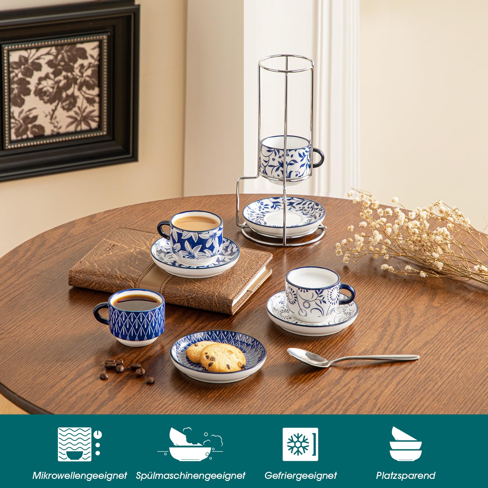vancasso Espressotassen Set, SELENE Espresso Tassen Set mit Untertasse & Ständer, Stapelbar Dickwandig Kaffeetassen aus Porzellan für Cappuccino, Latte und Tee, Vintage blau-weiß (4 x 90 ml)