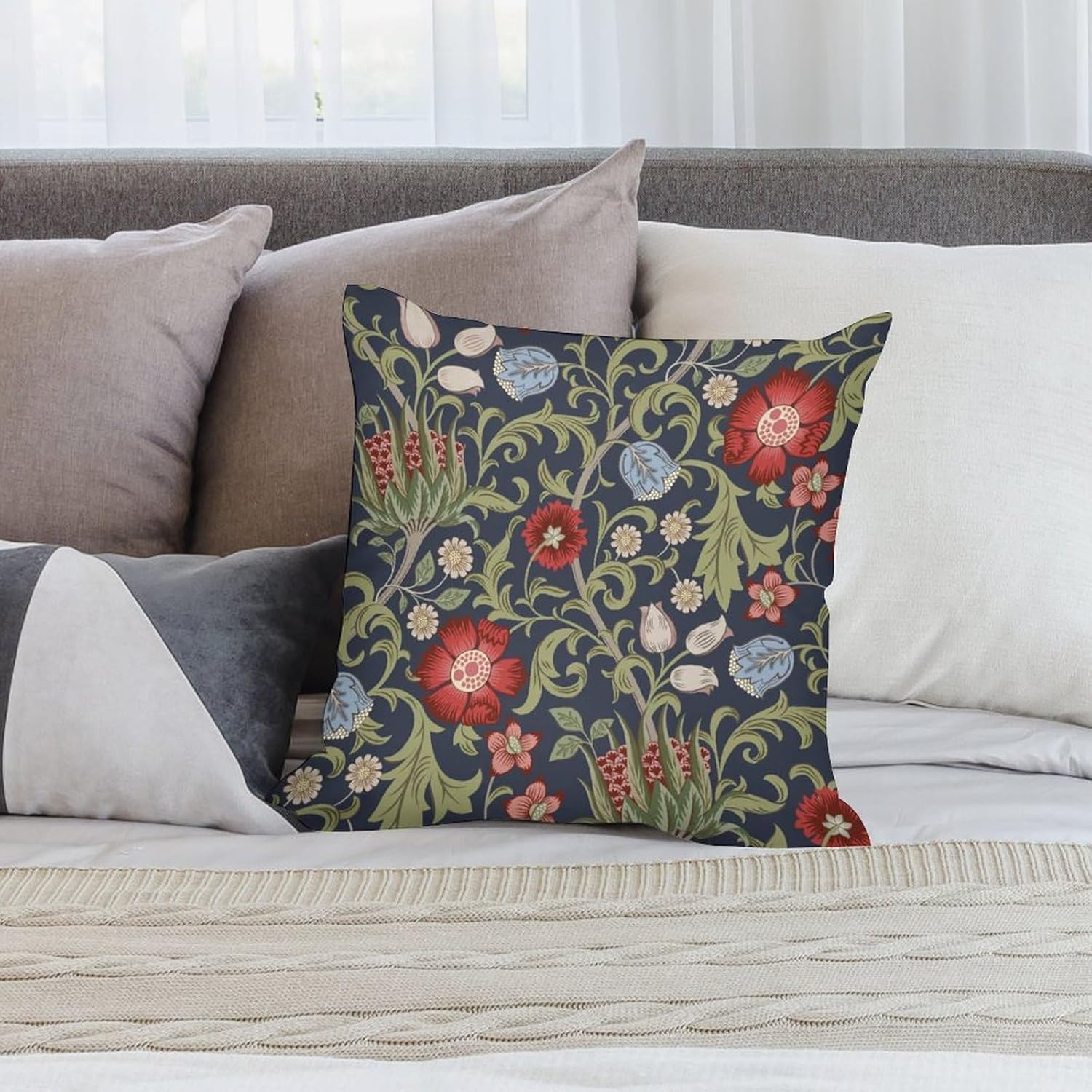 William Morris Flower Pillow Covers Set of 2,Red Flowers Green Leaves Throw Pillow Covers 20x20 Inches Cotton Square Pillow Cover Set for Couch Bed Living Room Outdoor Decor 20 "x20