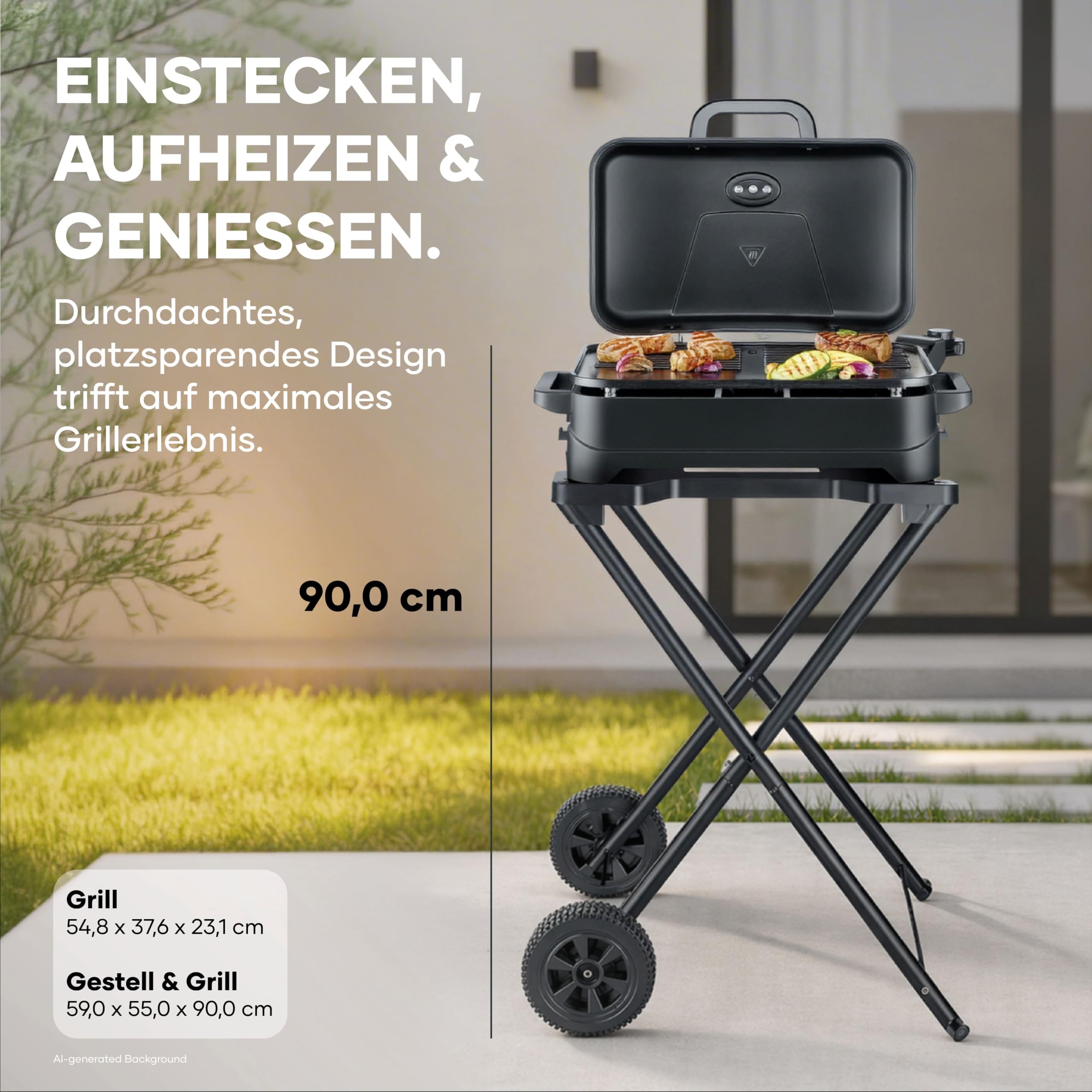 Severin Stand- und Tischgrill, Elektro-Grill für Balkon, 2300W, 10 Min. Aufheizzeit, Keramik-Beschichtung, max. 230°C, mit Deckel, Standgestell, Thermometer, 45x30cm Grillfläche, matt-schwarz, PG 8598