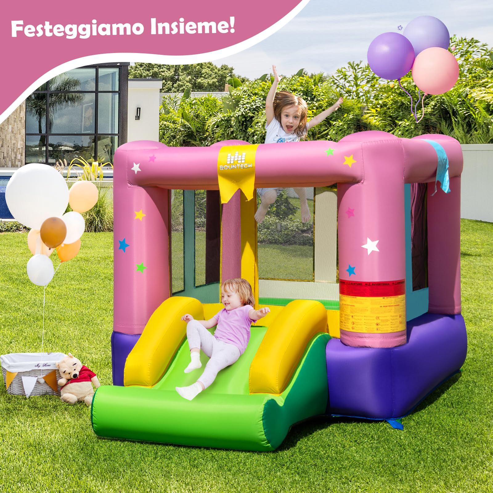 GYMAX Castello Gonfiabile con Area Salto, Scivolo, Gioco di Pallacanestro, Mini Rimbalzante per Bambini con Borsa da Trasporto, Mini Trampolino Gonfiabile per Feste Interno e Esterno