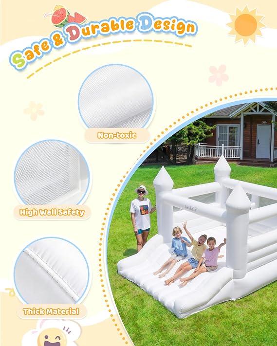 AirMyFun White Bounce House for Kids 3-10, Bounce House with Blower, Slide and Ball Hoop, Inflatable Bounce House Jumping Castle for Indoor Outdoor Fun, Inflatable Bouncer Made of Thick Material