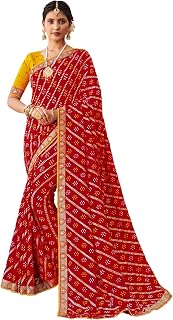 Laxmipati Rajwadi Bandhani Printed Georgette Saree in Red Color with Unstitched Blouse Price In India