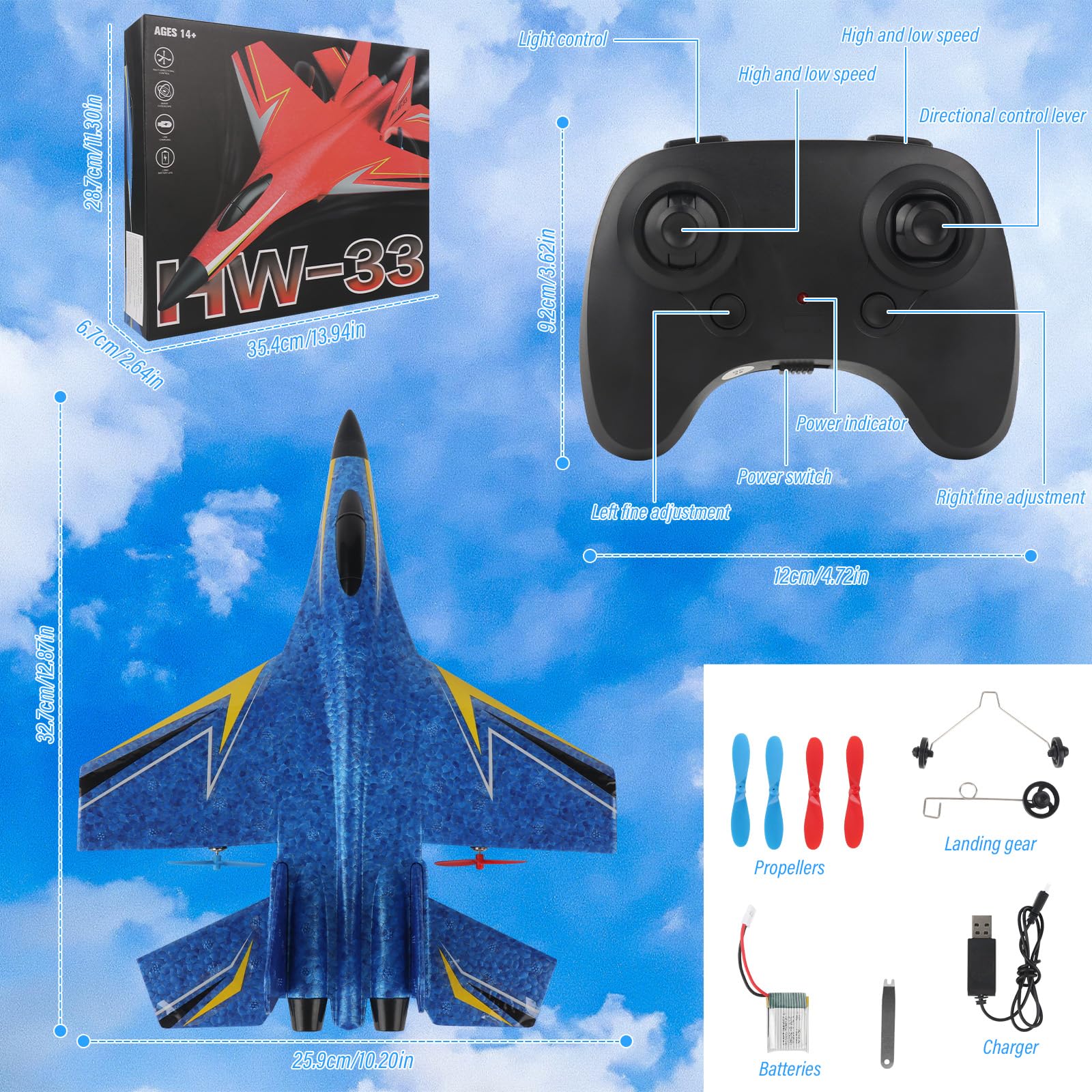 LUFEIS Avión de Control Remoto, Avión RC, Avións Teledirigido, Avións F-22 RC, 2,4 GHz 3 Canales, Avione Teledirigido para Adultos y Niños con Mando a Distancia (Azul)
